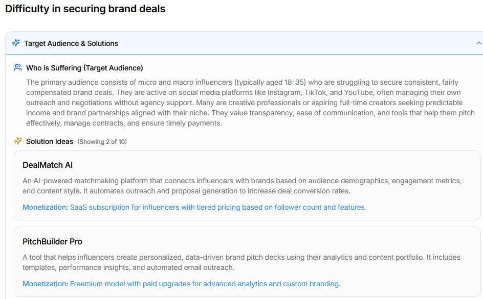 Example of AI-generated target audience and solution ideas